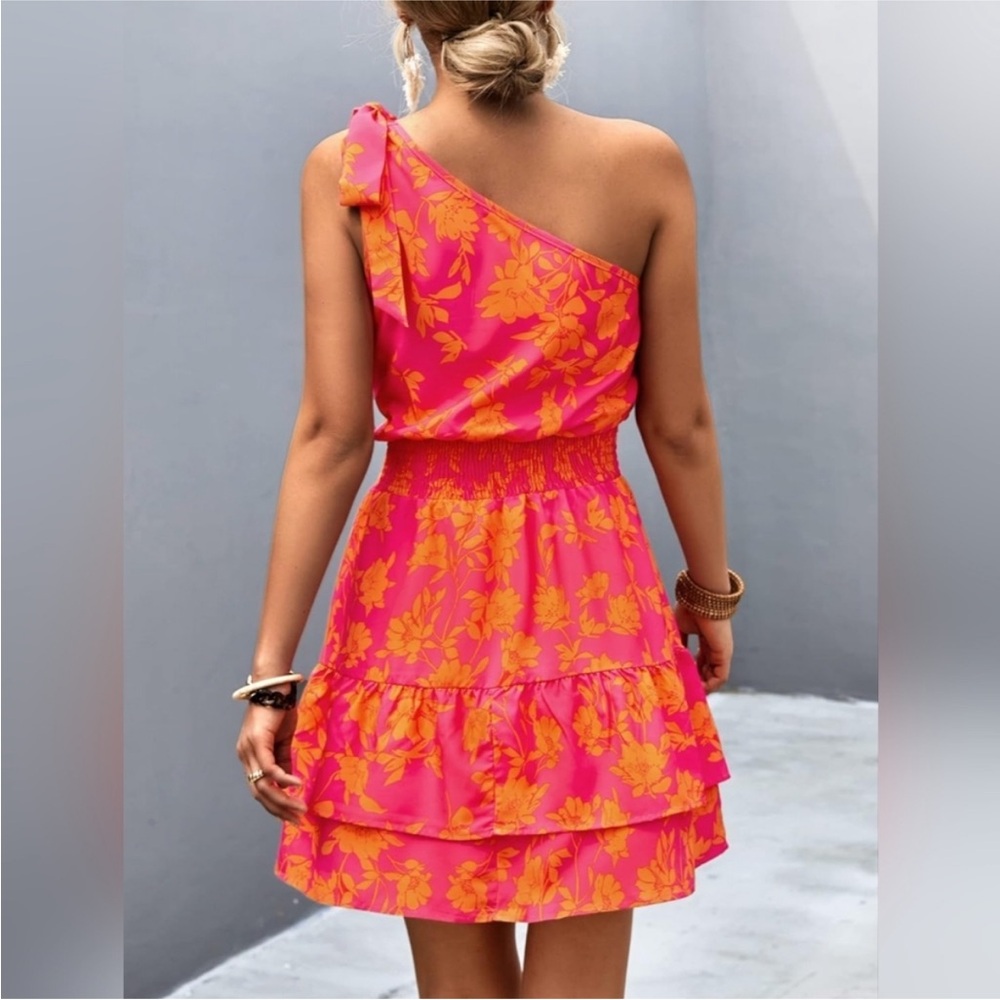 New Tropical Floral One Shoulder Mini Ruffle Dress Orange Hot Pink